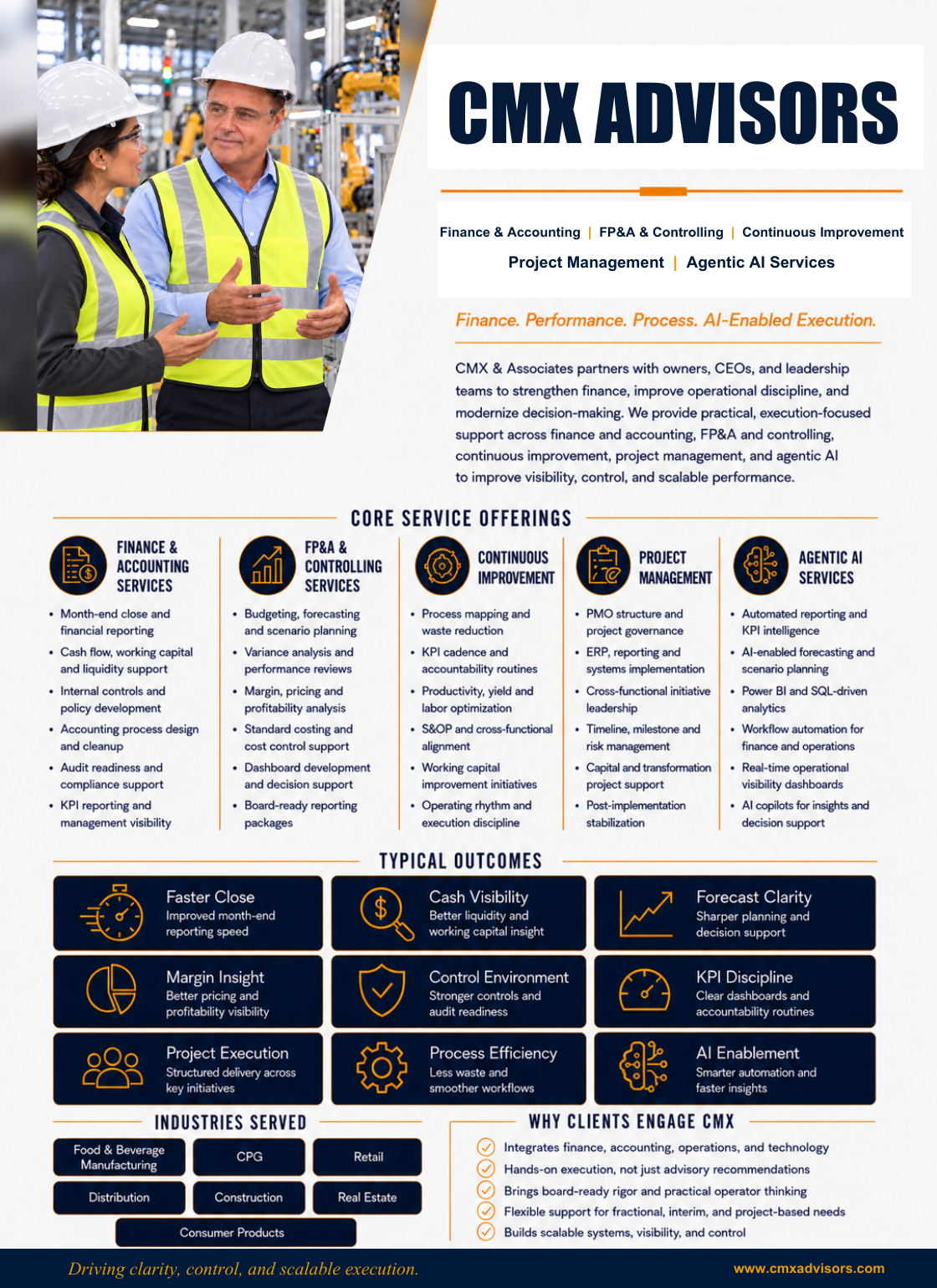 CMX Advisors one-page finance and operations firm overview