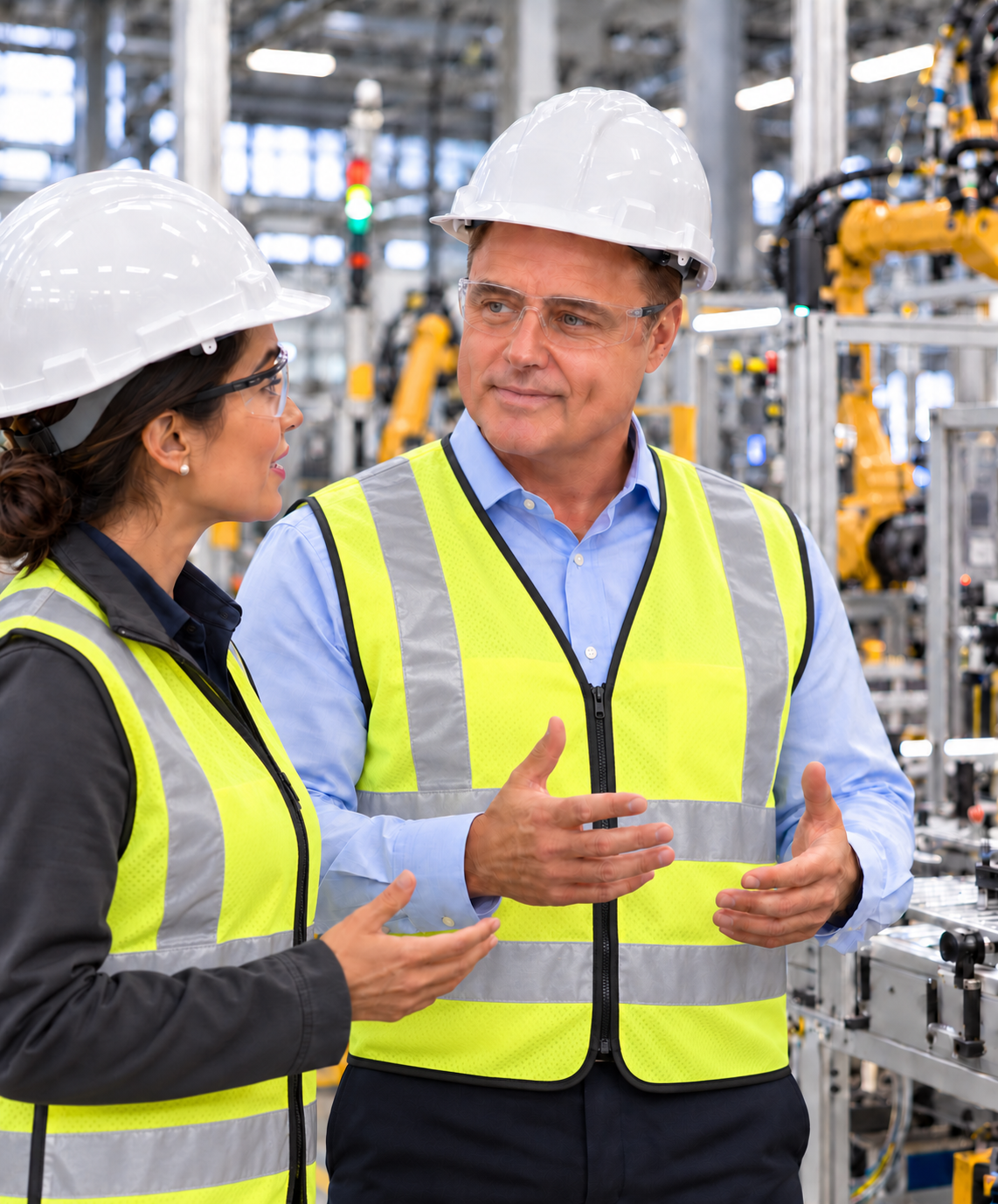 A CMX Advisors executive and manufacturing colleague discussing operations in an automated factory while wearing hard hats, safety glasses, and high-visibility vests